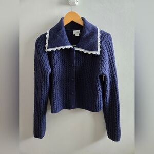 TAES Blue Knit Cardigan With Lace Trim Collar Size Large